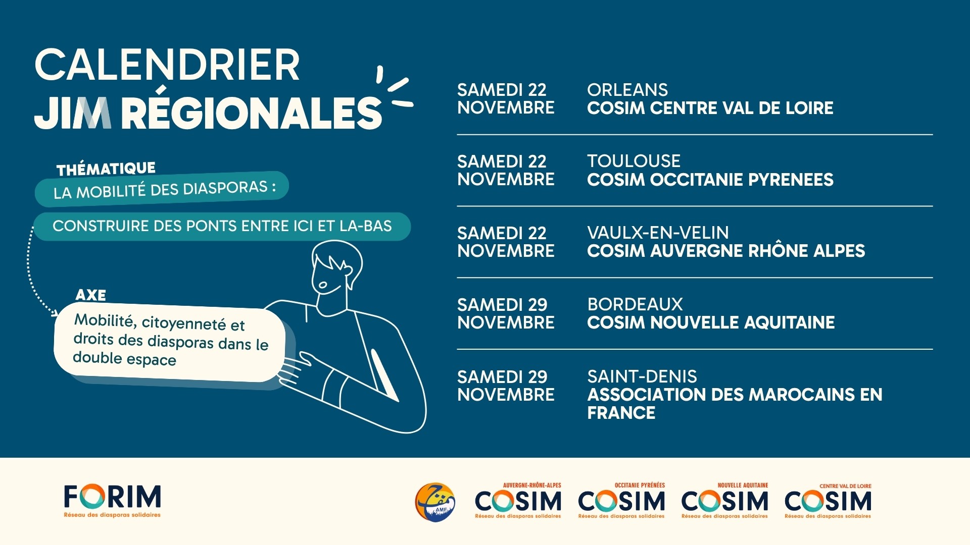 Samedi 22 novembre :

JIM régionale : Orléans par le COSIM Centre Val de Loire

JIM régionale : Toulouse par le COSIM Occitanie Pyrénées  

JIM régionale : Vaulx-en-Velin par le COSIM Auvergne Rhône-Alpes

Samedi 29 novembre :

JIM régionale : Bordeaux par le COSIM Nouvelle-Aquitaine

JIM régionale : Saint-Denis par l’Association des Marocains en France